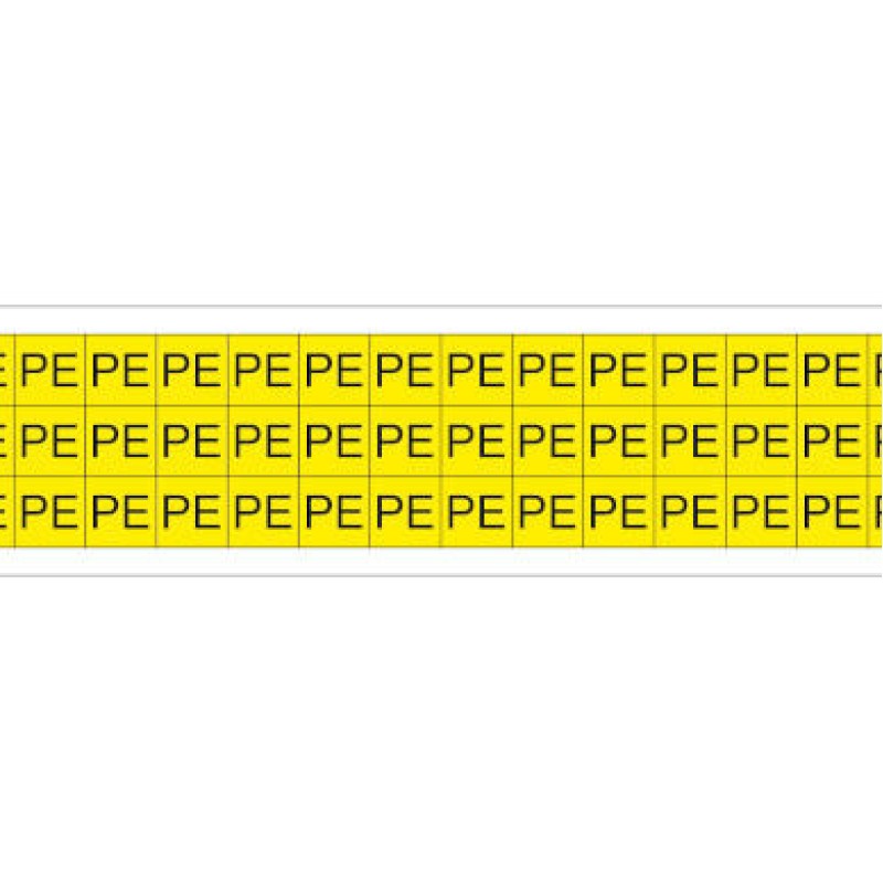 PLC013013A40.PE - Набір наліпок акрилових типу PLC розміром 13х13 мм на листах жовтого кольору з символом "PE" (540 шт)