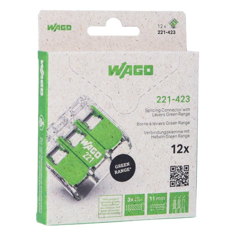 221-423/995-012 Splicing connector with levers;for all conductor types;max. 4 mm²;transparent, Blister pack