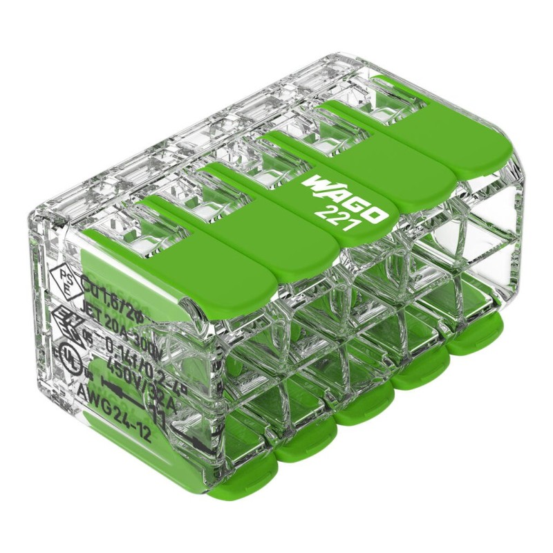 221-430 Splicing connector with levers Green Range; for all conductor types; max. 4 mm²; 10-conductor; transparent housing; Surrounding air temperature: max 85°C (T85); 4,00 mm²; transparent, EKO