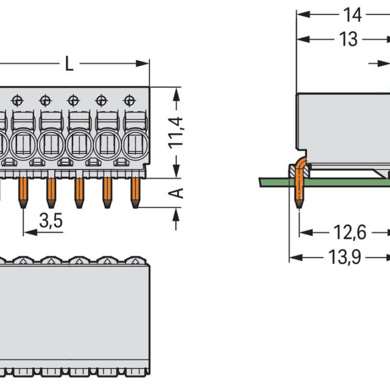 2091-1373/200-000 1-провідний гніздовий роз'єм THR кутовий; кнопковий; Push-in CAGE CLAMP®; 1,5 мм²; відстань між контактами 3,5 мм; 3-полюсний; діаметр паяльного штифта 1,0 мм; 1,50 мм²; світло-сірий