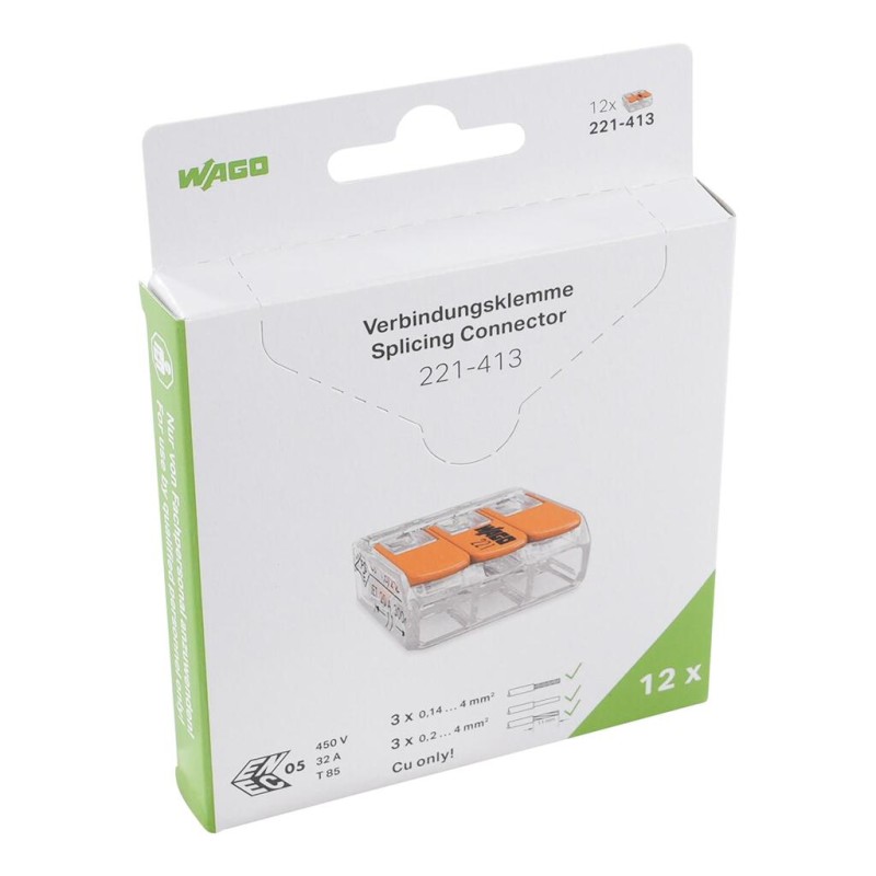 221-413/995-012 Splicing connector with levers;for all conductor types;max. 4 mm²;transparent