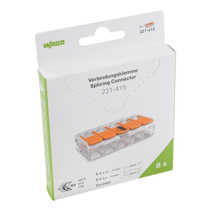 221-415/995-008 Splicing connector with levers;for all conductor types;max. 4 mm²;transparent