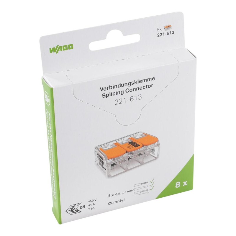 221-613/995-008 Splicing connector with levers;for all conductor types;max. 6 mm²;transparent