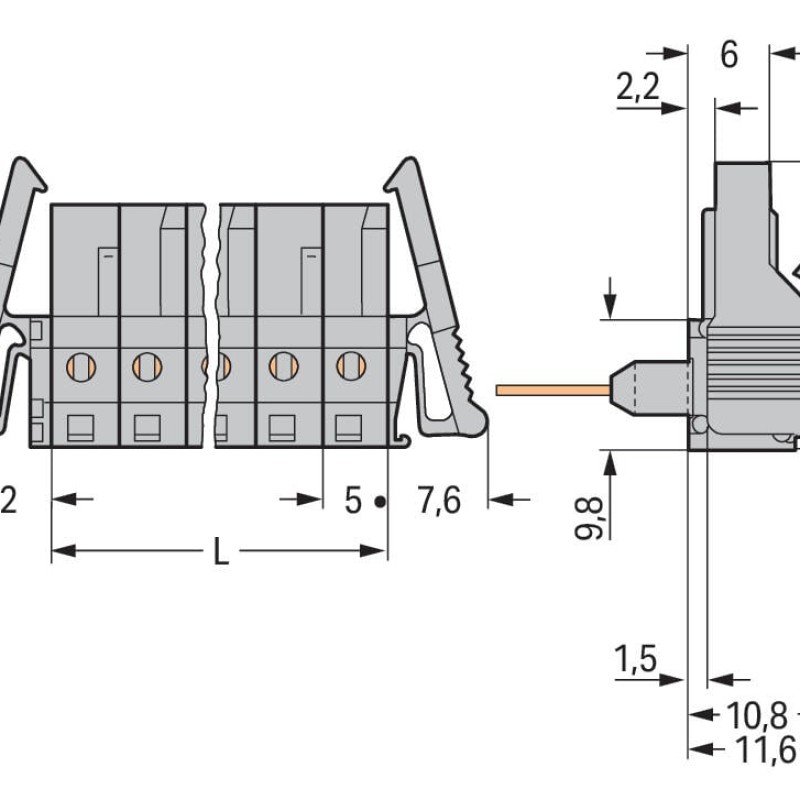 232-237/005-000/039-000 Female connector for rail-mount terminal blocks; 0.6 x 1 mm pins; angled; Locking lever; Pin spacing 5 mm; 7-pole; gray