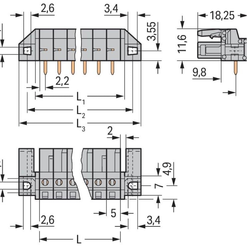 232-250/047-000 THT female header; angled; Pin spacing 5 mm; 20-pole; Spacer flange; 0.6 x 1.0 mm solder pin; gray