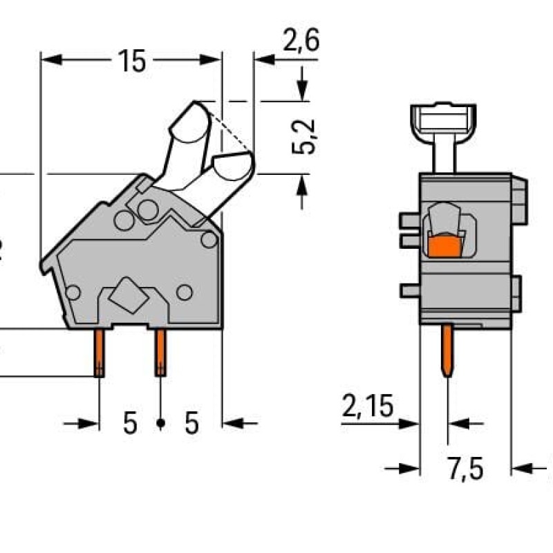 256-753/999-950 Stackable PCB terminal block; push-button; 2.5 mm²; Pin spacing 7.5/7.62 mm; 1-pole; suitable for Ex-e applications; CAGE CLAMP®; commoning option; 2,50 mm²; light gray