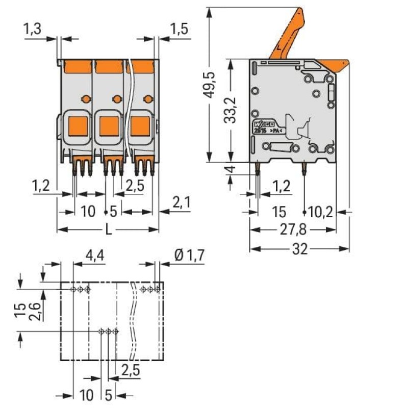 2616-1105/020-015 PCB terminal block;lever;16 mm²;gentian blue