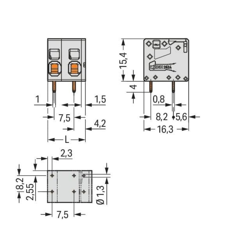 2624-1308 PCB terminal block;4 mm²;Pin spacing 7.5 mm;gray