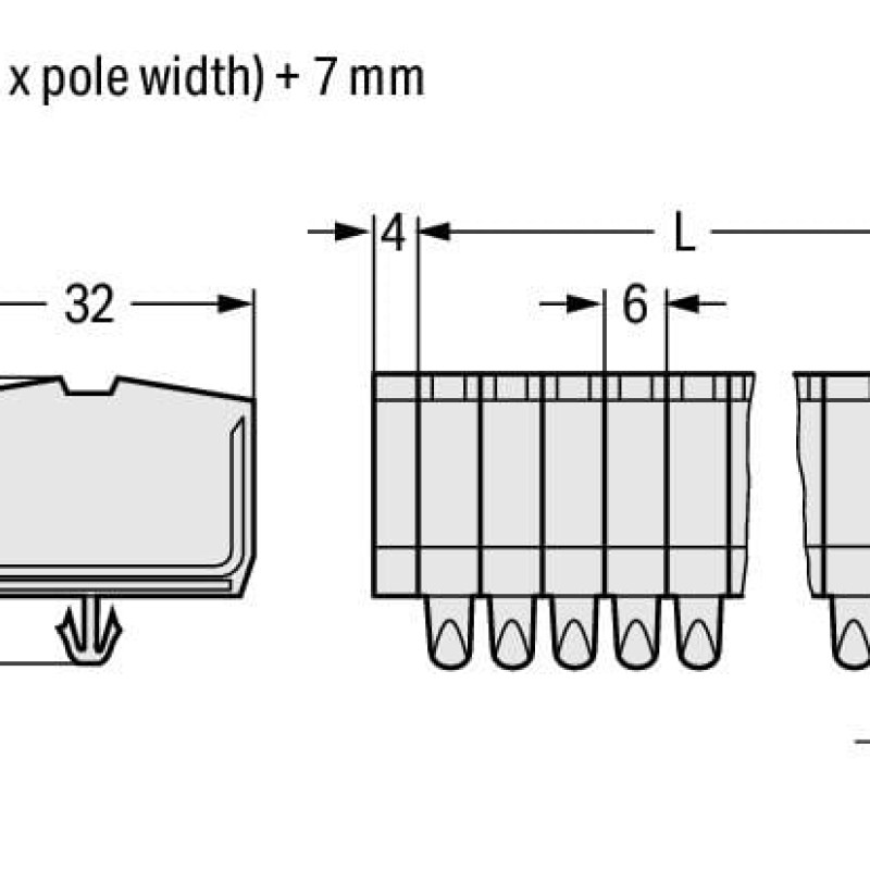 264-187 2-conductor terminal strip; without push-buttons; suitable for Ex e II applications; with snap-in mounting feet; 7-pole; for plate thickness 0.6 - 1.2 mm; Fixing hole 3.5 mm Ø; 2.5 mm²; CAGE CLAMP®; 2,50 mm²; light gray