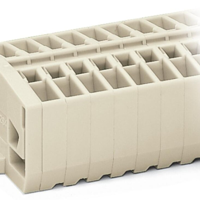 264-187 2-conductor terminal strip; without push-buttons; suitable for Ex e II applications; with snap-in mounting feet; 7-pole; for plate thickness 0.6 - 1.2 mm; Fixing hole 3.5 mm Ø; 2.5 mm²; CAGE CLAMP®; 2,50 mm²; light gray