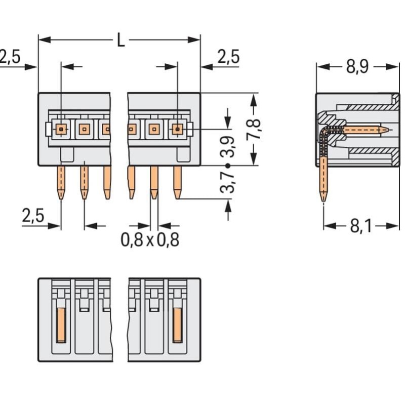 733-370 THT male header;0.8 x 0.8 mm solder pin;angled;light gray