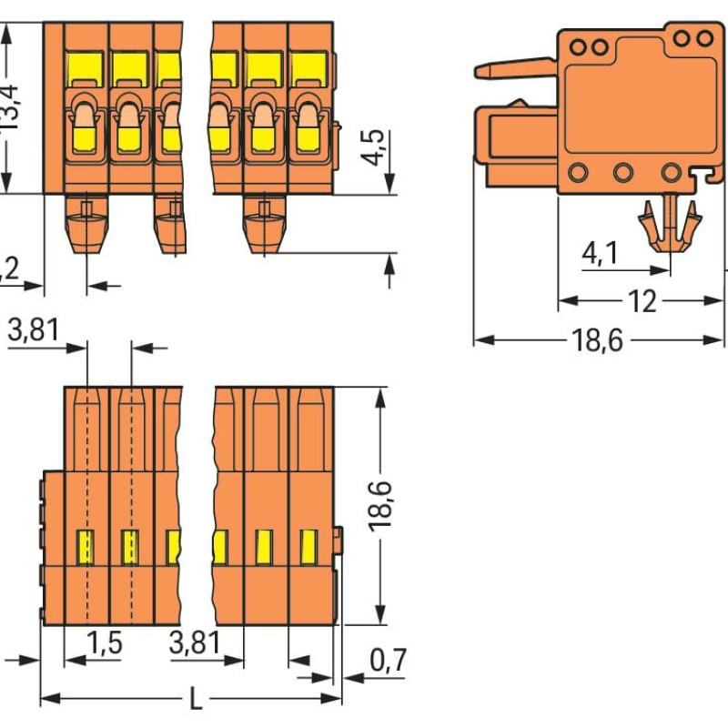 734-204/008-000 1-провідний гніздовий роз'єм; CAGE CLAMP®; 1,5 мм²; відстань між контактами 3,81 мм; 4-полюсний; 100% захист від неправильного з'єднання; вставляються монтажні ніжки; 1,50 мм²; помаранчевий