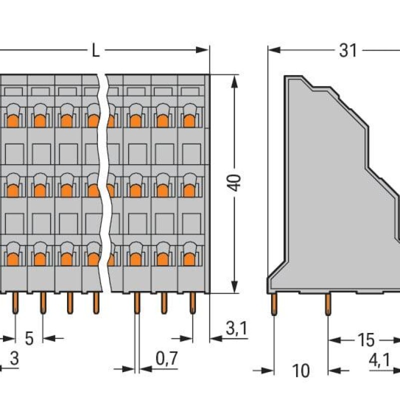 737-112 Triple-deck PCB terminal block;2.5 mm²;Pin spacing 5 mm;gray