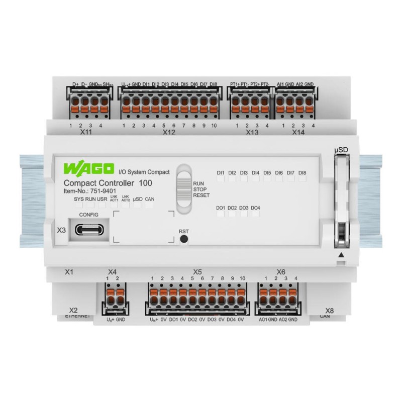 751-9401 Компактний контролер 100; 8DI 4DO 2AI 2AO 2NI1K/PT1K 1RS485; 2 x ETHERNET, CAN, CANopen
