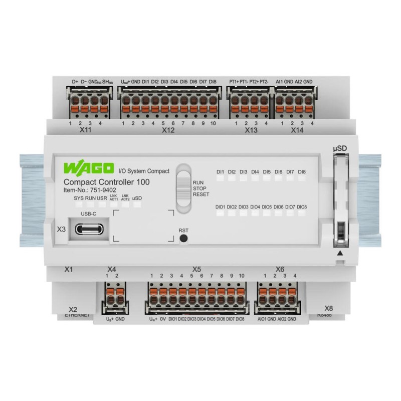 751-9402 Компактний контролер 100; 8DI 8DIO 2AI 2AIO 2NI/PT 2RS485; 2 x ETHERNET; SD