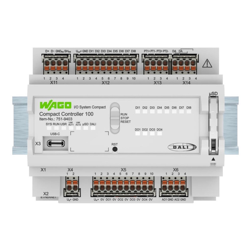 751-9403 Компактний контролер 100; 8DI 4DO 2AO 2NI1K/PT1K 1RS485 1DALI; 2 x ETHERNET; SD