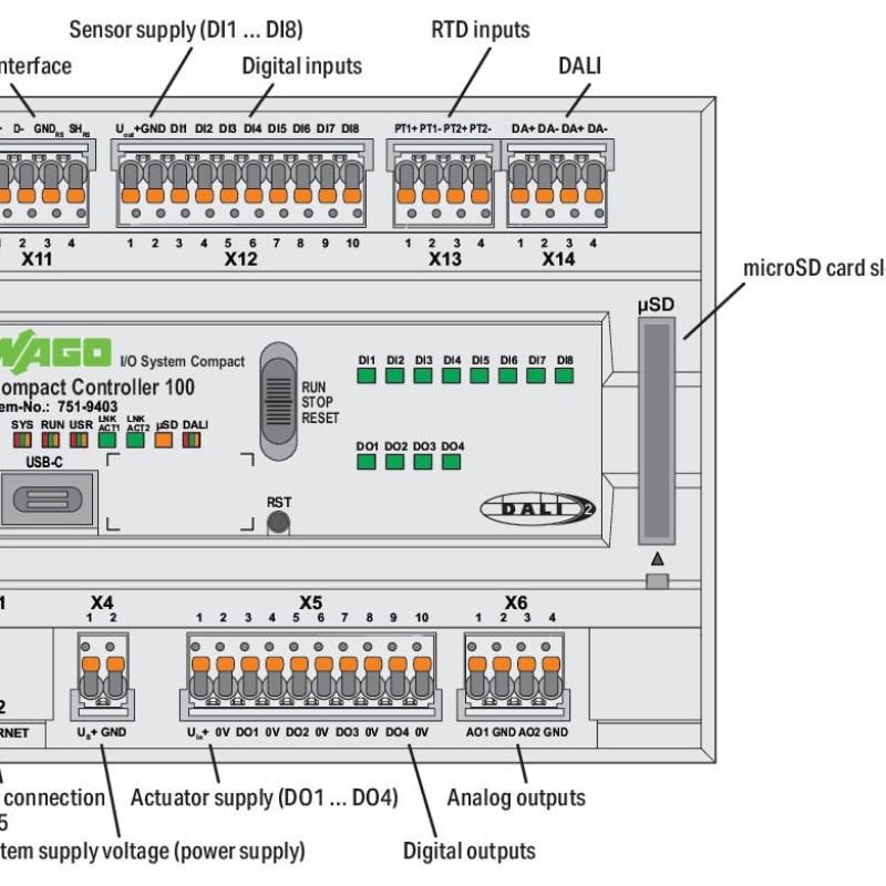 751-9403 Компактний контролер 100; 8DI 4DO 2AO 2NI1K/PT1K 1RS485 1DALI; 2 x ETHERNET; SD