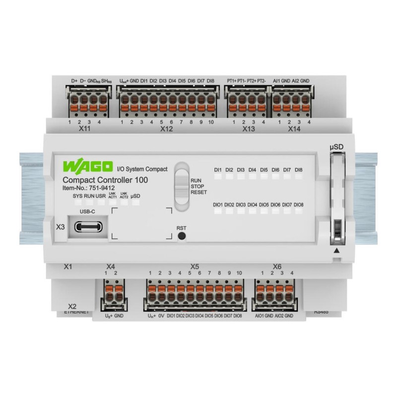 751-9412 Компактний контролер 100; 8DI 8DIO 2AI 2AIO 2NI/PT 2RS485; 2 x ETHERNET; SD; Безпечний