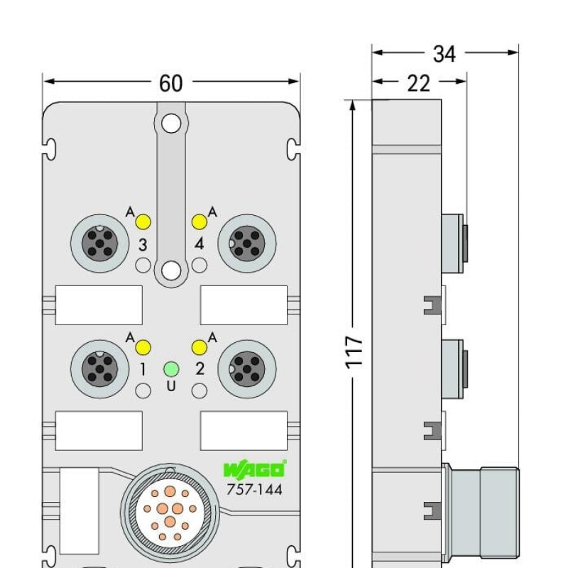 757-144 Коробка датчика/виконавчого механізму M12; 4-канальний; 4-полюсний
