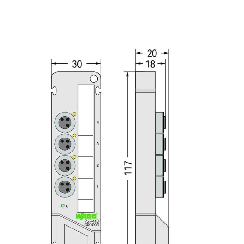 757-443/000-010 Коробка датчика/виконавчого механізму M8; 4-канальний; 3-полюсний