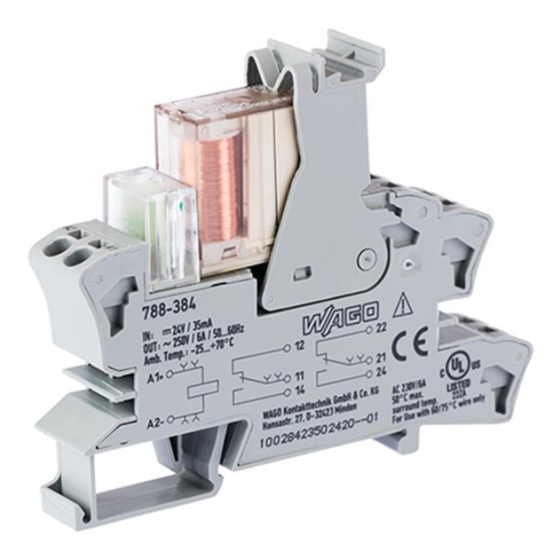 788-384 Relay module with driven contacts;Nominal input voltage: 24 VDC;2 changeover contacts;gray