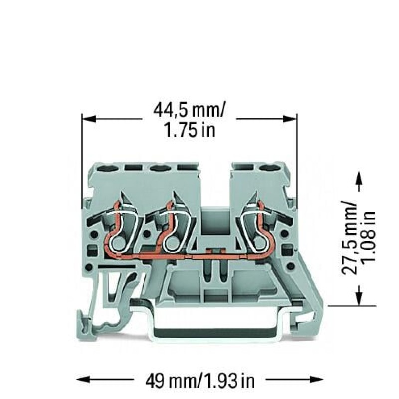 870-681 3-conductor through terminal block;2.5 mm²;lateral marker slots;gray